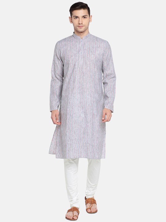 Men Grey Striped Kurta with Churidar S