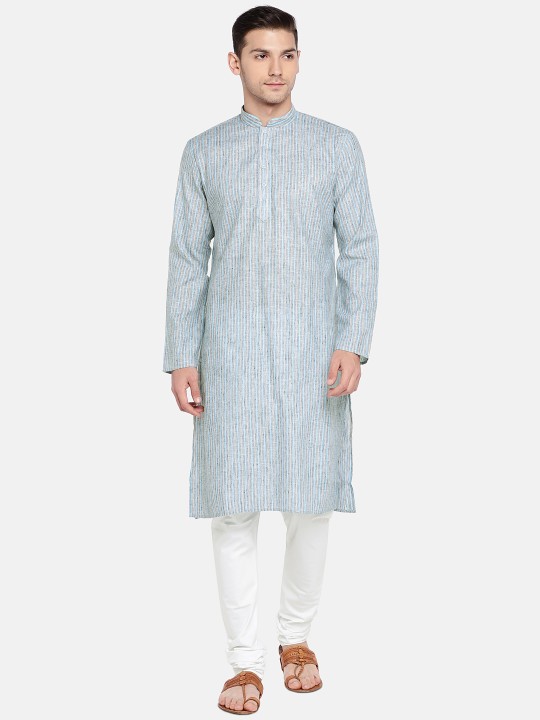 Men Grey & White Striped Kurta with Pyjamas S