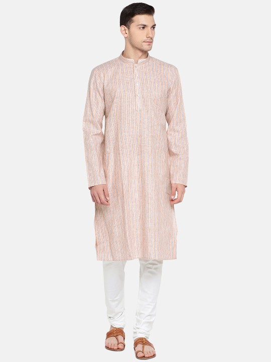 Men Orange & White Striped Kurta with Pyjamas S
