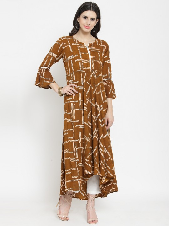 Women Brown Printed Kurta with Trousers S