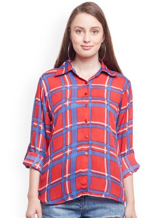 Women Red & Blue Regular Fit Checked Casual Shirt XS