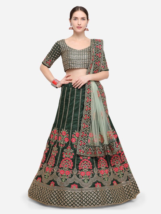 Green Semi-Stitched Lehenga & Blouse with Dupatta