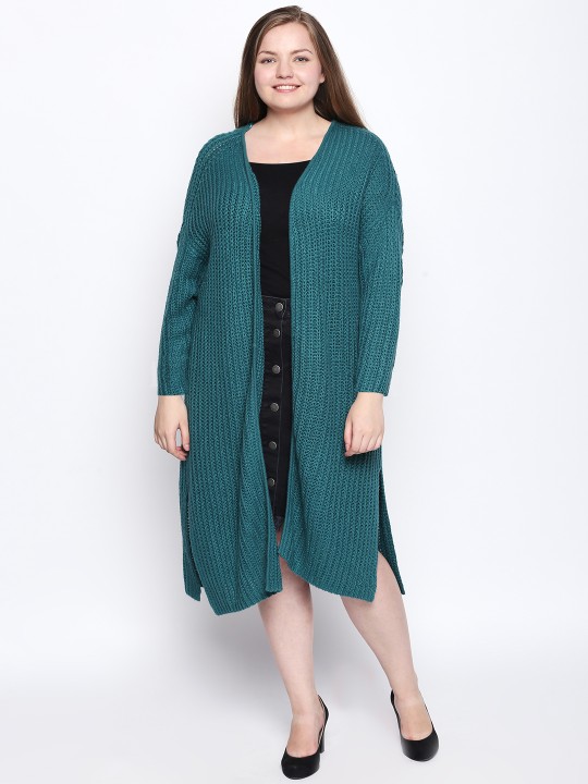 Women Green Solid Front-Open Sweater S