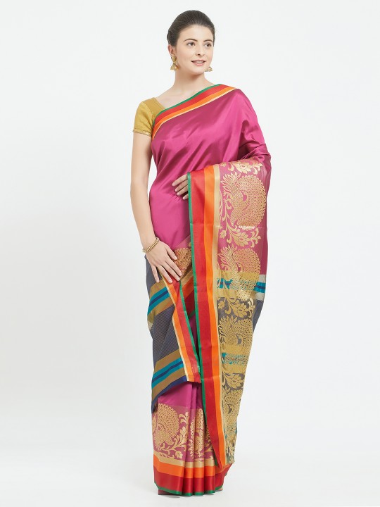 Pink Silk Blend Woven Design Kanjeevaram Saree