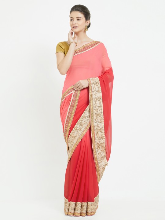 Red & Pink Poly Georgette Colourblocked Saree