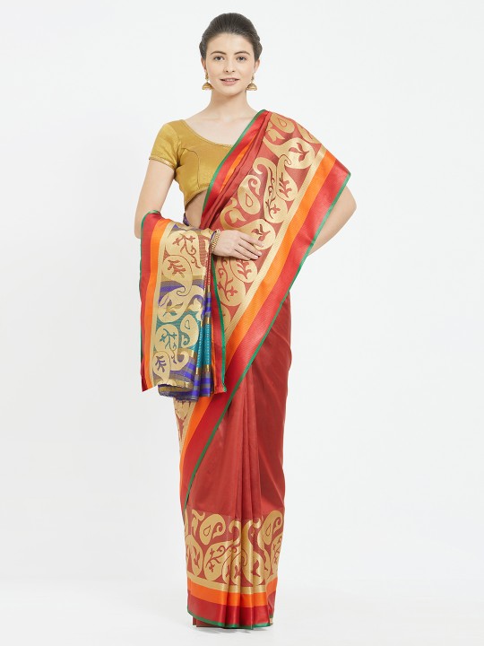 Red & Blue Silk Blend Woven Design Kanjeevaram Saree