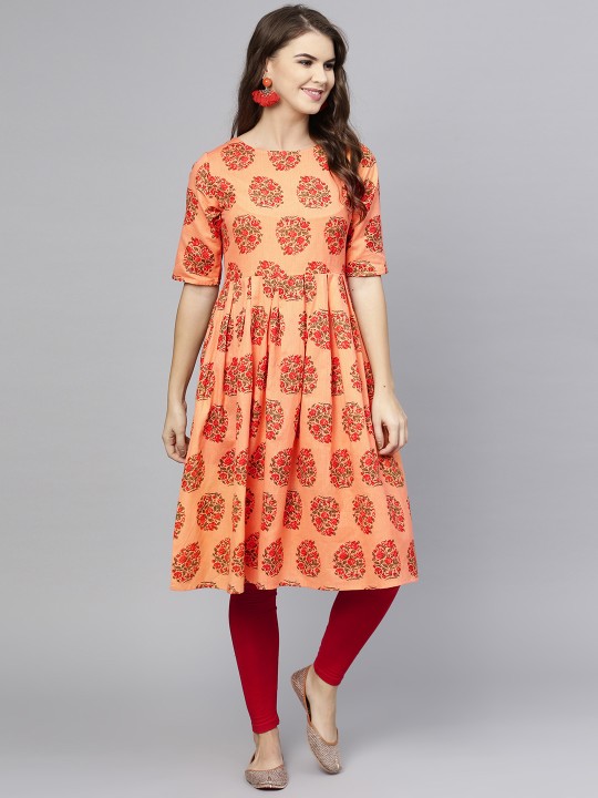 Women Orange & Green Floral Print A-Line Kurta S