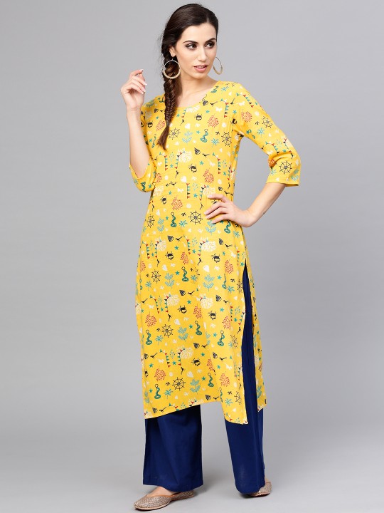 Women Yellow & Blue Printed Cut-Out Straight Kurta S
