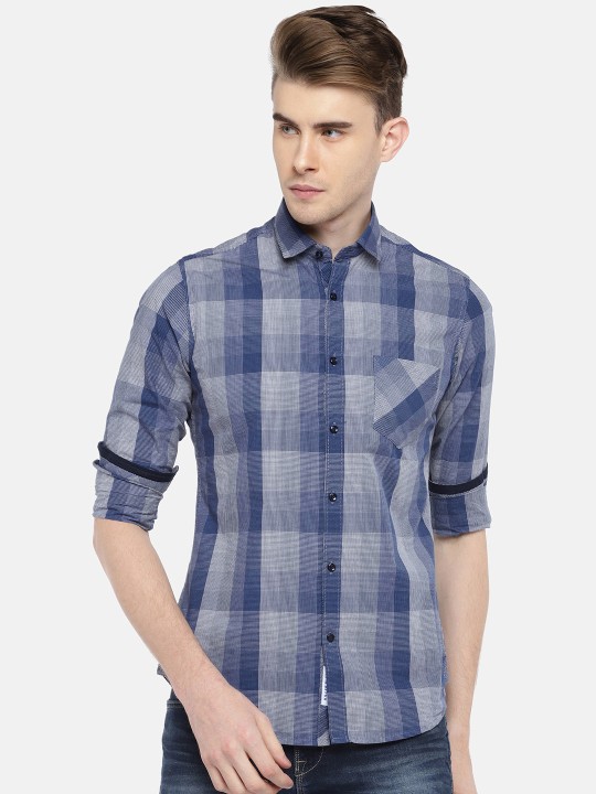 Men Navy Blue Slim Fit Checked Casual Shirt 38