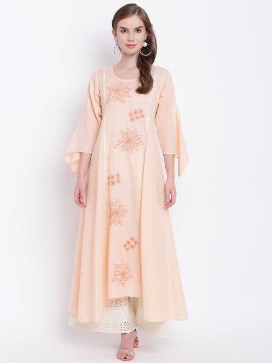 Women Peach-Coloured Embroidered A-Line Kurta M
