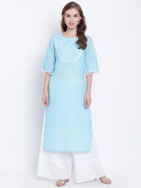Women Blue Embroidered Straight Kurta M