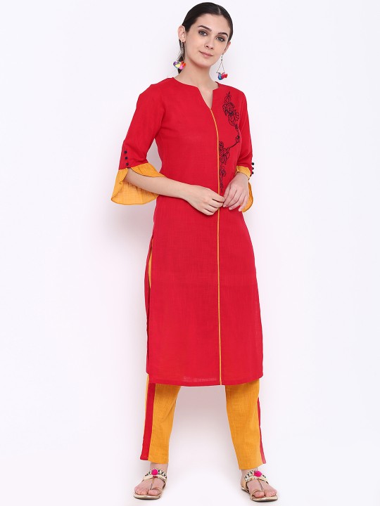 Women Red Embroidered Straight Kurta M