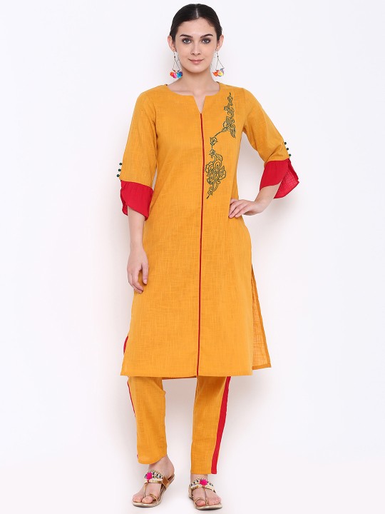 Women Yellow Embroidered Straight Kurta M