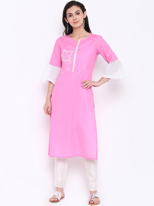 Women Pink Embroidered Straight Kurta XL