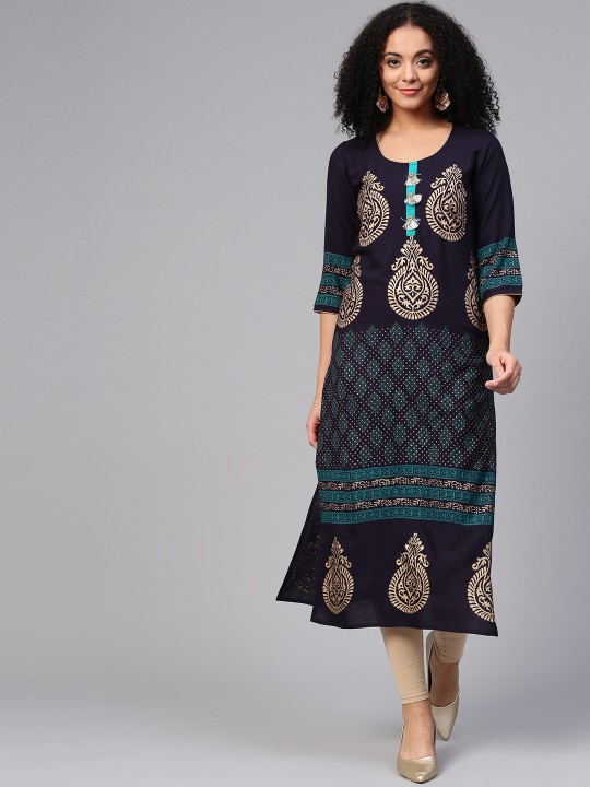 Women Navy Blue & Green Block Print Straight Kurta S