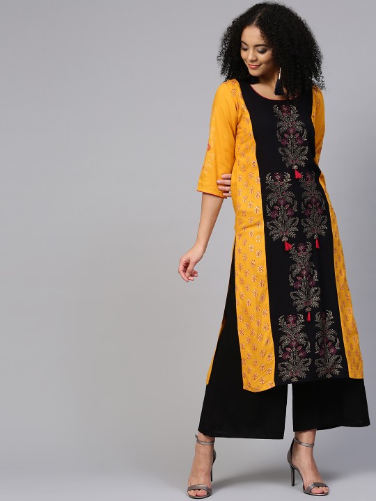 Women Mustard Yellow & Black Block Print Straight Kurta S