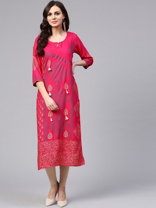 Women Fuchsia & Teal Green Block Print Straight Kurta