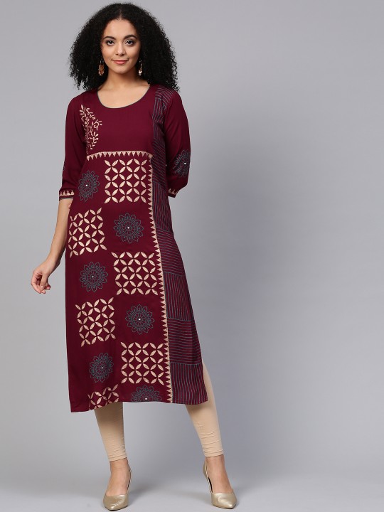 Women Maroon & Golden Block Print Straight Kurta S
