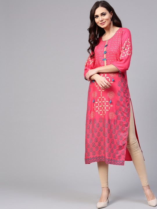 Women Pink & Golden Block Print Straight Kurta S
