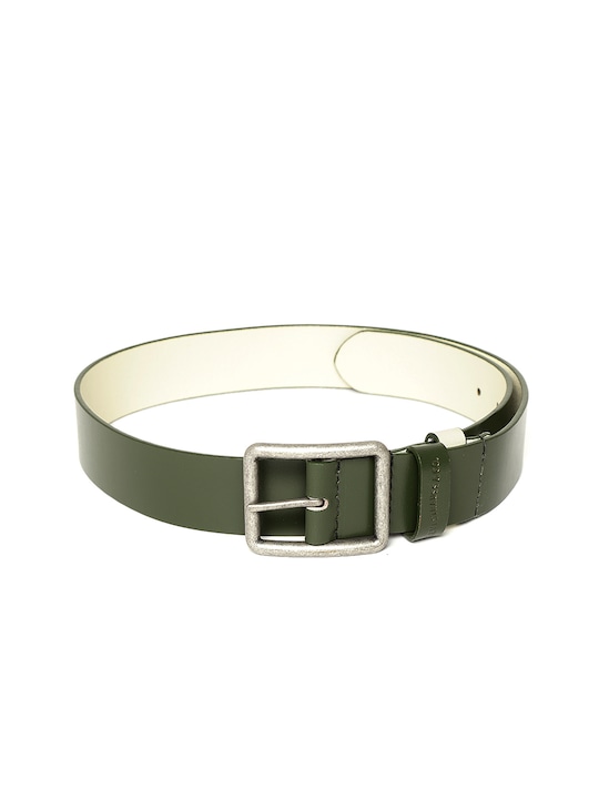 Men Olive Green Solid Leather Belt