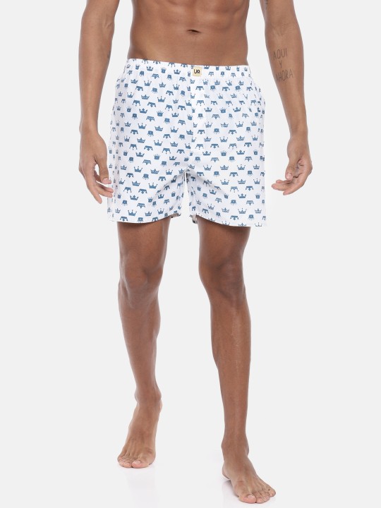 Men White & Blue Printed Boxers UDBX106 S