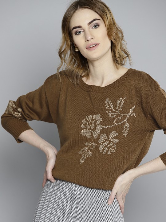 Women Olive Brown Self Design Pullover S