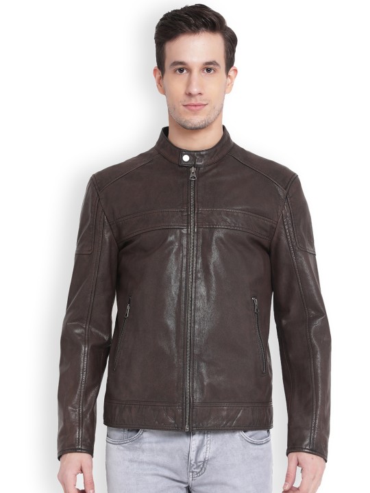 Men Brown Solid Biker Jacket S