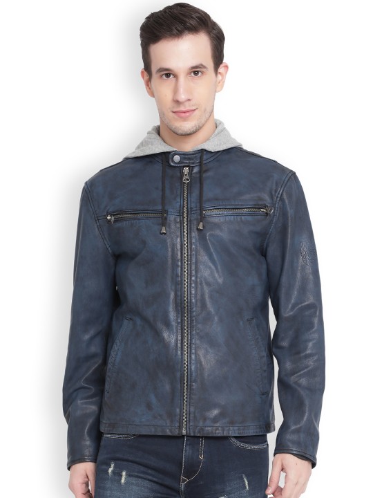 Men Blue Solid Biker Jacket S
