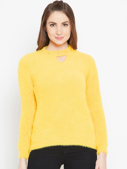 Women Yellow Solid Woollen Pullover