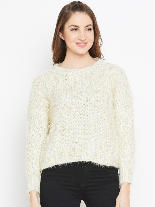 Women Off-White Solid Woollen Pullover