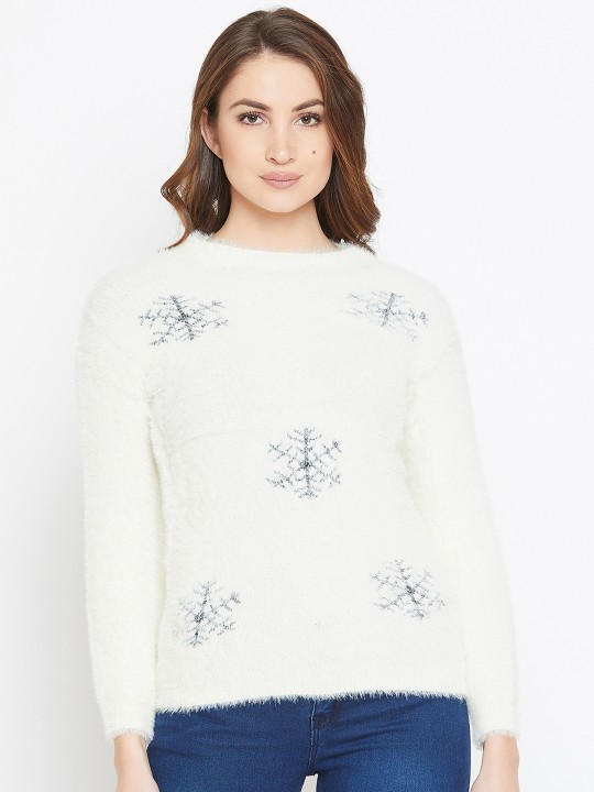 Women White Self Design Woollen Pullover