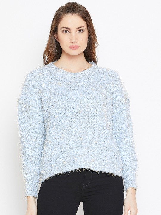 Women Blue Solid Woollen Pullover