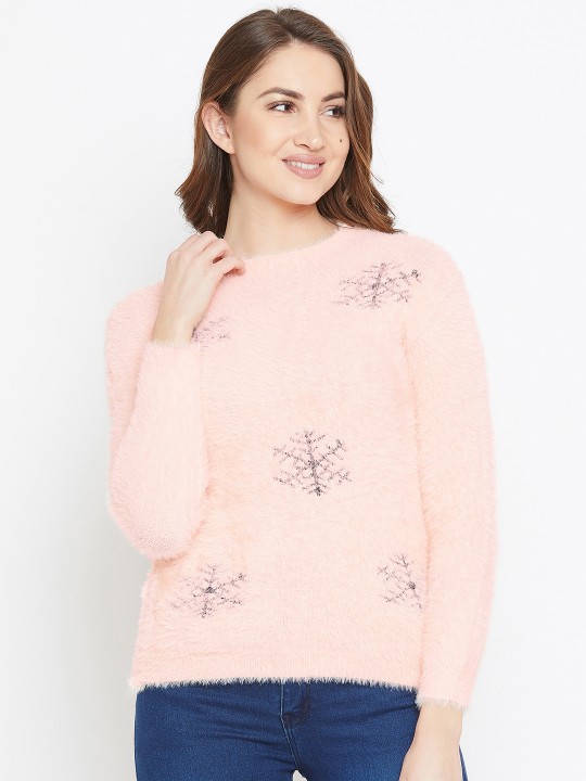 Women Peach-Coloured Solid Woollen Pullover