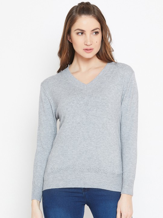 Women Grey Solid Woollen Pullover