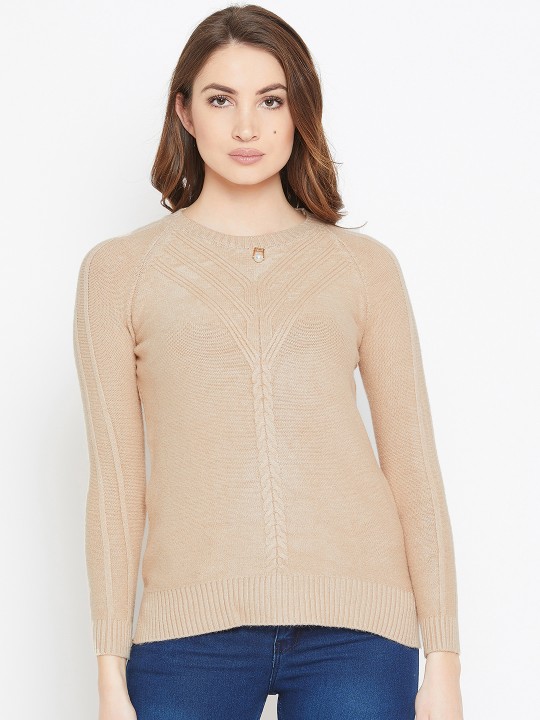 Women Cream-Coloured Solid Woollen Pullover