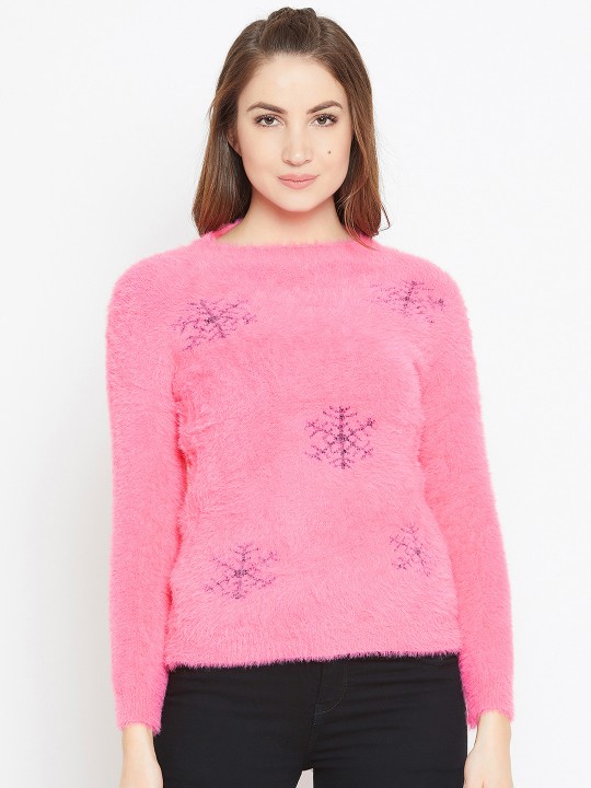 Women Pink Printed Woollen Pullover