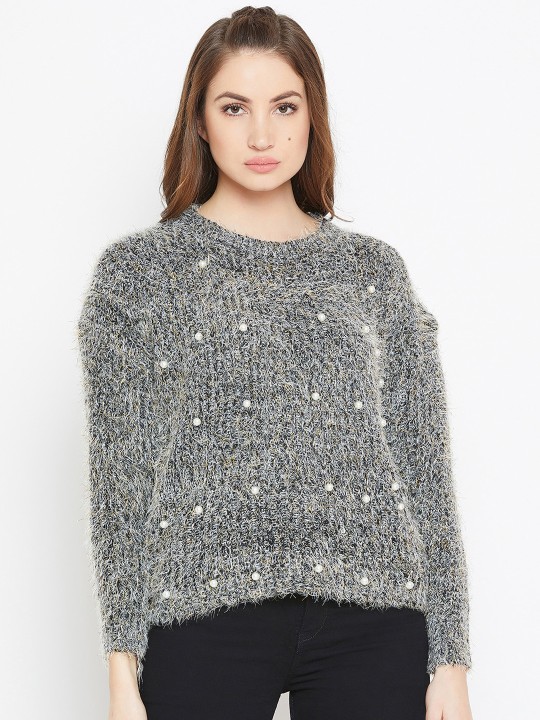 Women Grey Self Design Woollen Pullover