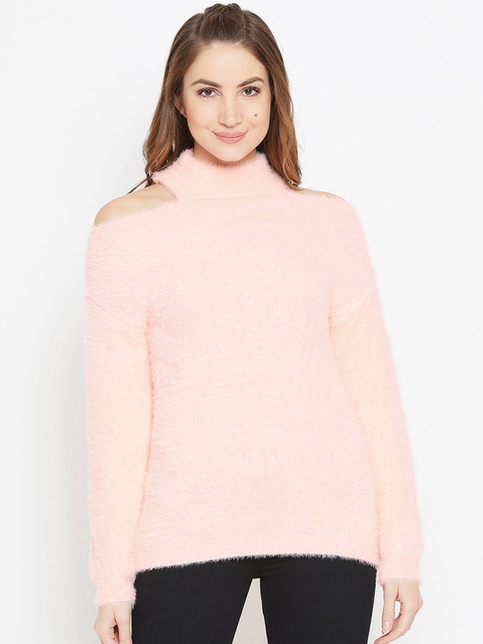 Women Peach-Coloured Woollen Solid Pullover