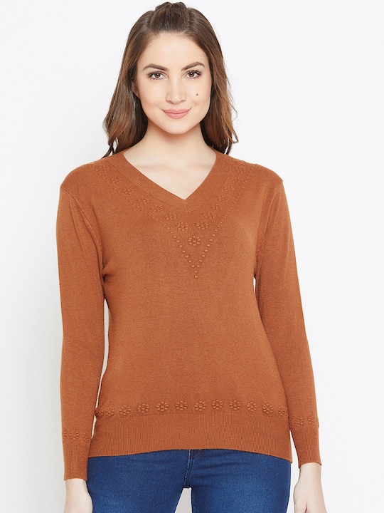 Women Rust Brown Solid Woollen Pullover