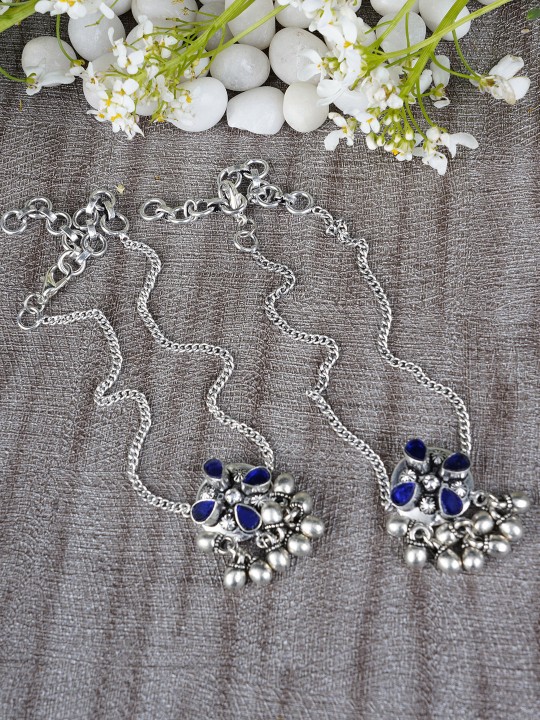 Set of 2 Oxidised Silver-Toned & Purple Stone-Studded Anklets
