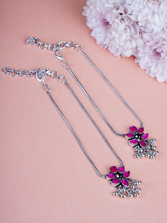 Set of 2 Oxidised Silver-Toned & Magenta Stone-Studded Anklets