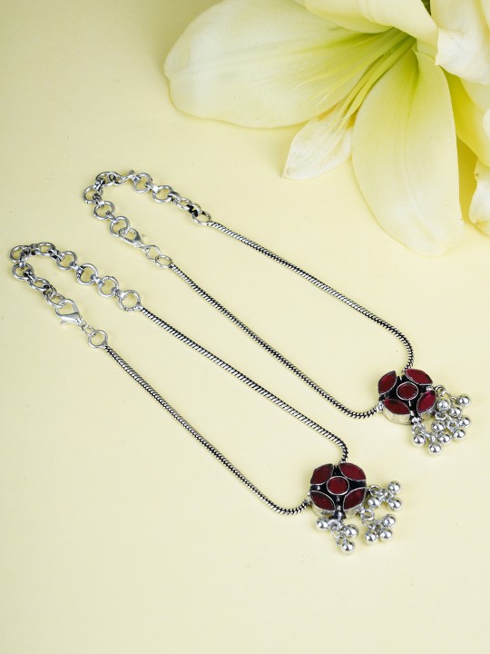 Set of 2 Oxidised Silver-Toned & Red Stone-Studded Anklets