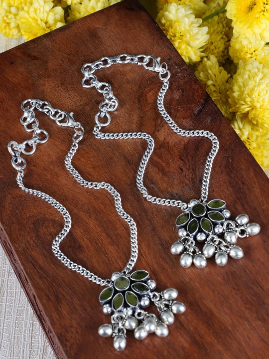 Set of 2 Oxidised Silver-Toned & Green Stone-Studded Anklets