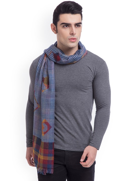 Men Blue Woollen Checked Muffler