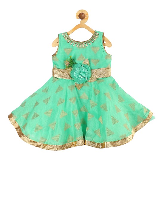 Girls Green Printed Fit and Flare Dress 6-12M