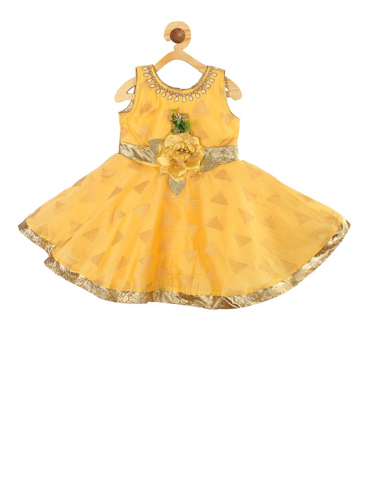 Girls Yellow Self Design Fit and Flare Dress 6-12M