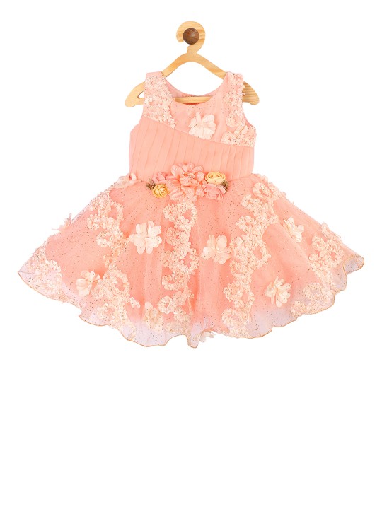 Girls Peach-Coloured Self Design Fit and Flare Dress 6-12M