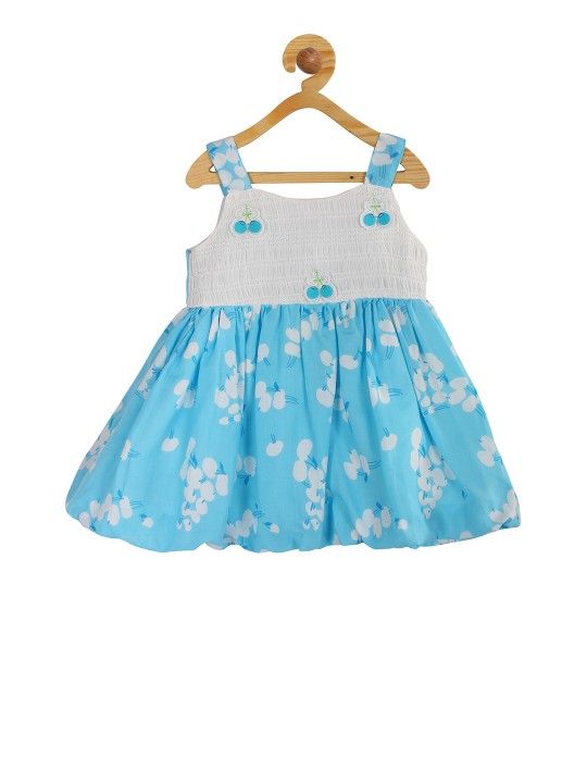 Girls Blue Printed Fit and Flare Dress 6-12M