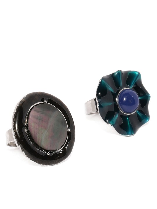 Set of 2 Silver-Toned Enamelled Adjustable Finger Rings