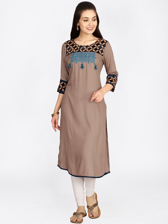 Women Taupe Printed Straight Kurta S